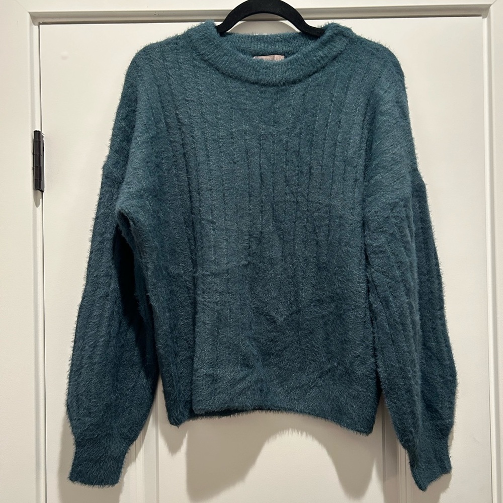 SO Evergreen/Teal Fuzzy Ribbed Crewneck Sweater